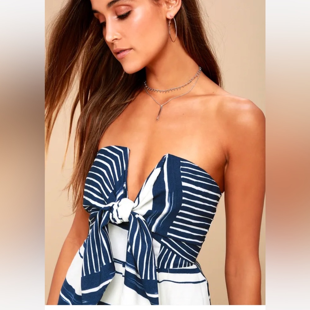 Delphi Blue and White Striped Tie-Front Strapless Romper